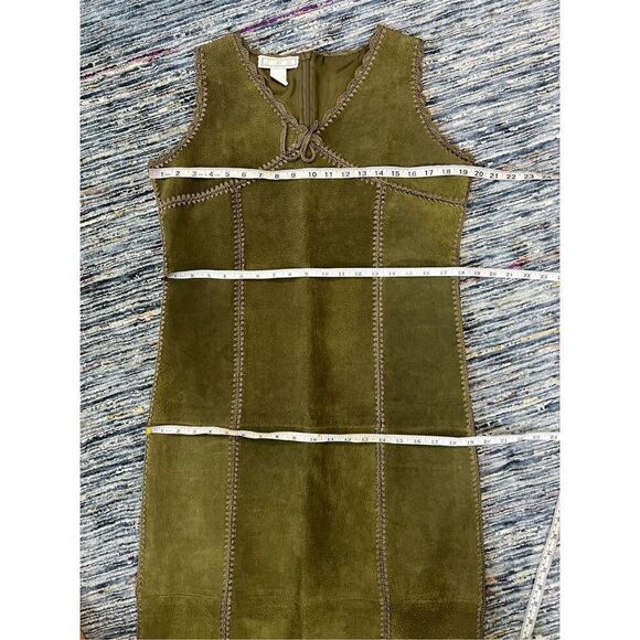S.M.H. Boutique Patchwork Leather Olive Midi Dress Size 8 - Picture 6 of 8